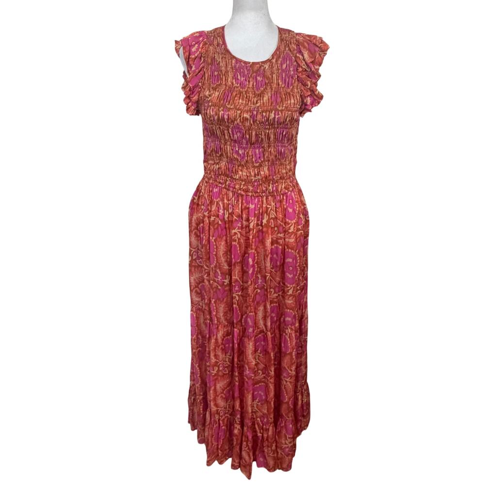 Cleobella Pink, Orange Floral Ruffle Maxi Ankle Dress Womens Size Small